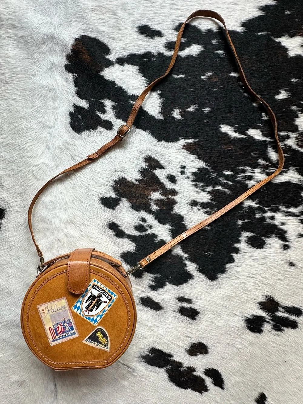 Vintage Leather Pillbox Crossbody Purse with Travel Stickers & Magnetic Closure